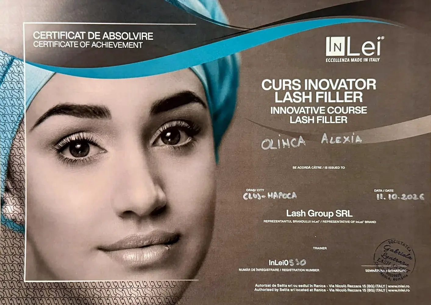Certificatul de absolvire InLei® pentru Cursul Inovator Lash Filler, eliberat Alexiei Olinca la Cluj-Napoca pe 11.10.2026